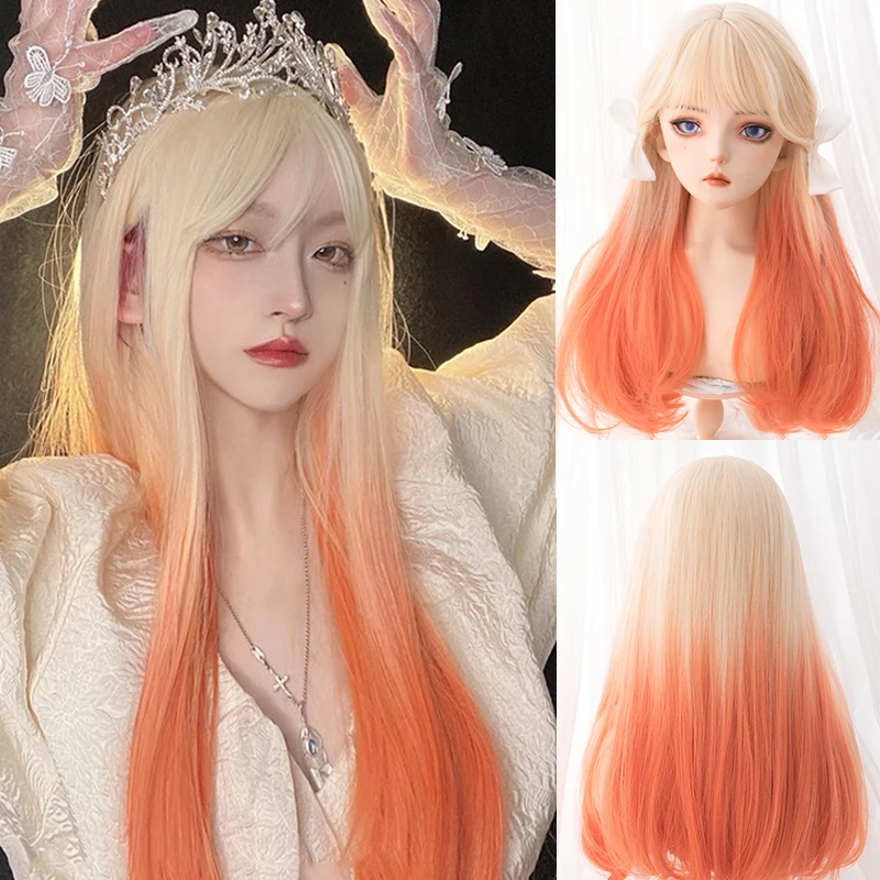 

AILIADE Synthetic Hair Black and Pink Wig Long Straight Hair Cosplay Lolita Wig Two Tone Ombre Color Women Heat Resistant Wigs