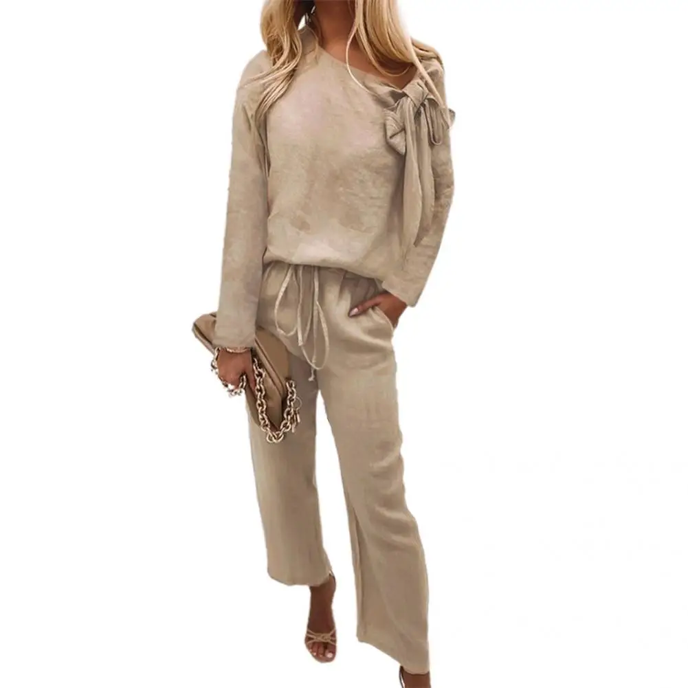 Ankle-Length  Stylish Long Sleeve Blouse Wide Leg Long Pants Set Autumn Women Outfit Long Sleeve   for Daily Wear