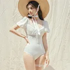 Цельный купальник с коротким рукавом, Женский однотонный купальник, плиссированные Монокини, купальник пуш-ап, купальный костюм в Корейском стиле с подкладками и оборками