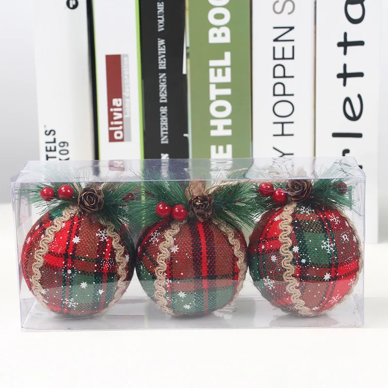 

3pc/set Christmas Ball Ornaments Simulation Pine Nut Fabric Red Plaid Foam Xmas Tree Hanging Ball Party Navidad New Year