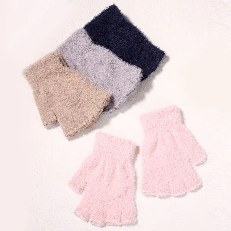 

2021 Neutral Knitted Gloves Soft Solid Color Gloves Women Warm Soft Half-Finger Mittens Short Knitted Fingerless Gloves
