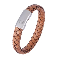trendy brown genuine leather bracelet men stainless steel braided rope bangle for male wristband hand woven jewelry gifts ps1162