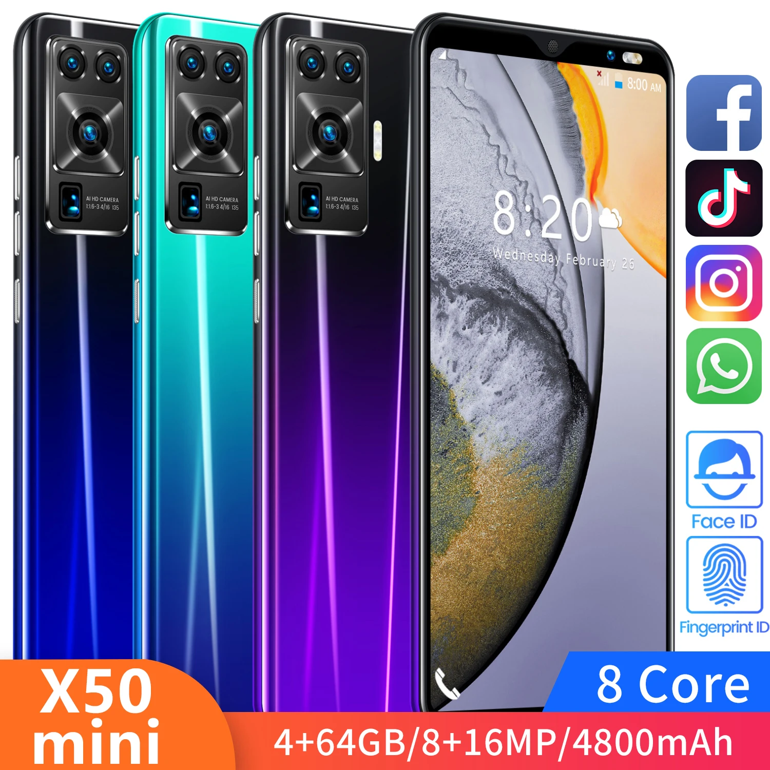 

2021 The world's latest X50 Pro HD smartphone 5.5inch 8core 480000mAh 6GB +128GB 8MP + 16MP dual screen dual SIM 5G mobile phone