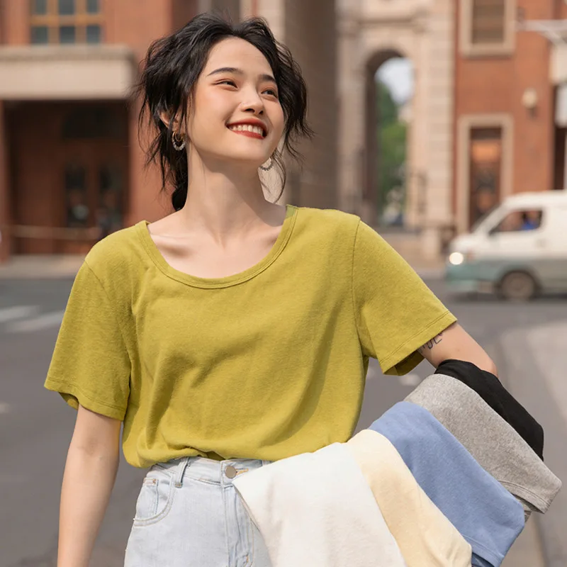 Однотонная белая футболка Женский Летний Тонкий Свободный Топ с круглым вырезом