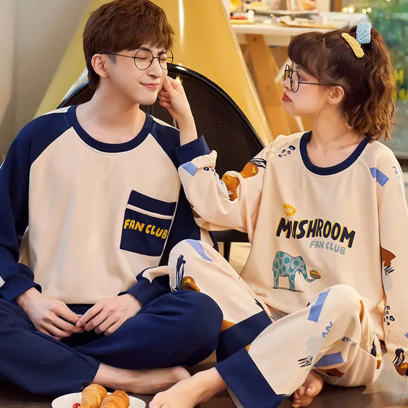 

Pajamas Couples Lovers 100% Cotton Homewear Long Sleeve Pair Clothes For Couple Pajamas Set Korean Clothes Pijamas Mujer Suit