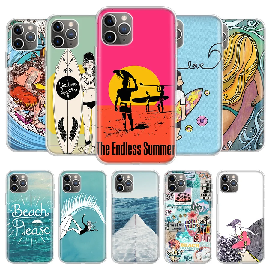

Surfboard Surfing Art Surf Girl Summer Cover Phone Case For iPhone 13 12 11 Pro 7 6 X 8 6S Plus XS MAX + XR Mini SE 5S Coque