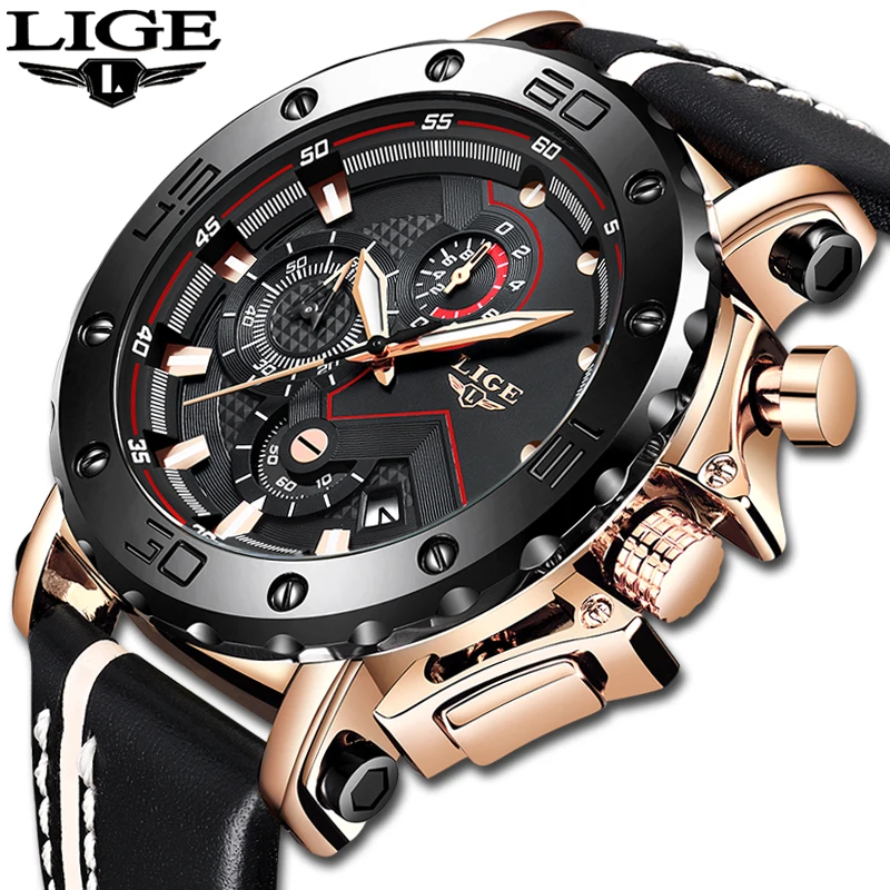 2020LIGE Rose gold Mens Watches Top Brand Luxury Big Dial Military Quartz Watch Leather Waterproof Sport Chronograph Men | Наручные часы