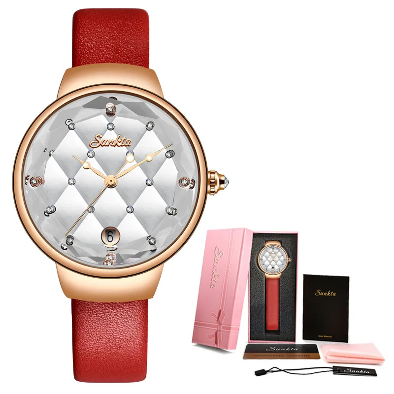Leather red SUNKTA, новинка, женские модные золотые кварцевые часы, женские повседневные водонепроницаемые простые наручные часы, подарок для девушек, жены, Saat Relogio Feminino - Цвет: Leather red