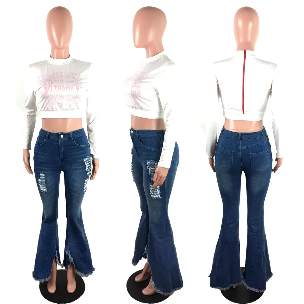 

High Waist Denim Pants Ripped Skinny Ripped Skinny Flare Pants Asymmetrical Split Trousers Autumn Femme Blue High Street Trouser