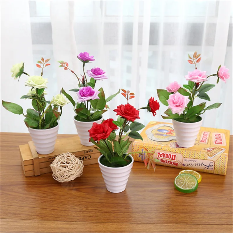 

Artificial Silk Rose Flower Bonsai With White Plastic Vase Plant Potted New Year Wedding Party Christmas Home Decoration