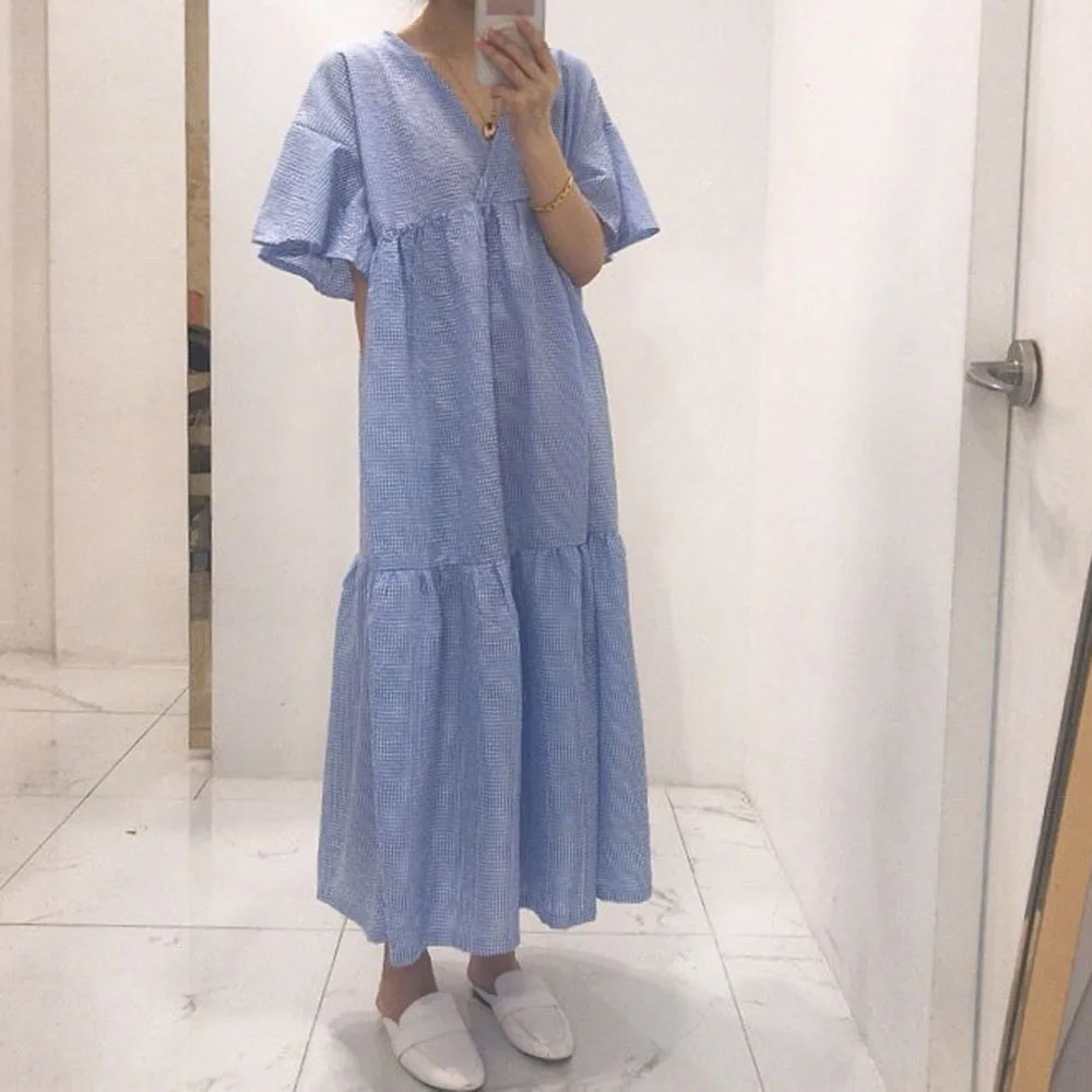 

2021 Summer New Retro Plaid Japanese Style Loose V-neck Puff Sleeve Ladies Dress Casual Simple Long Thin Hot Sale