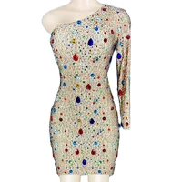 one off shoulder asymmetrical dress above knee dresses multicolor rhinestones ladies performance show wear party evening costume
