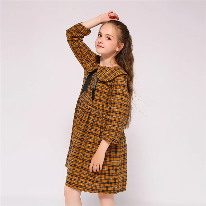 Kseniya Kids Wholesale Peter Pan Collar Bow Plaid Girl Dress Long Sleeve For 2 to 9 Years