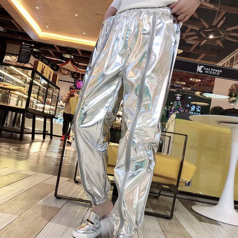 Тонкие блестящие Серебристые шаровары длиной до щиколотки джоггеры на молнии