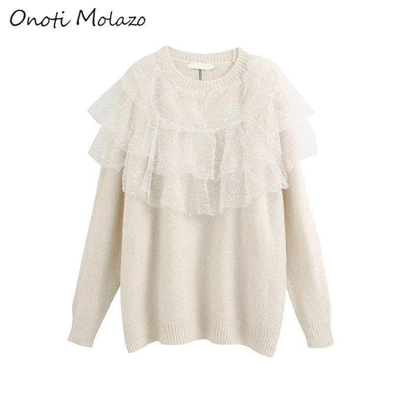 Onoti Molazo Casual Knitted Sweater Pullover Mesh Patchwork Winter Elegant Ladies Chic Pullovers Sweaters Female 2020 Spring New | Женская