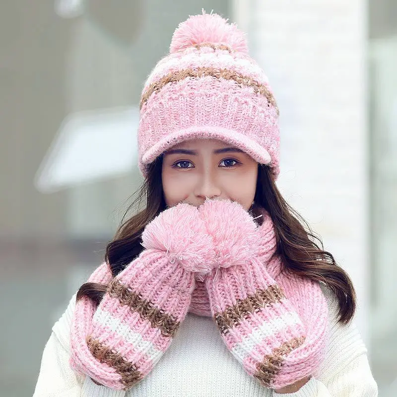pink Зимняя женская шапка и шарф-перчатка, комплект для женщин, утолщенная шерсть, теплые вязаные шапки и шарфы, Шапка-бини, зимняя женская шапка - Цвет: pink