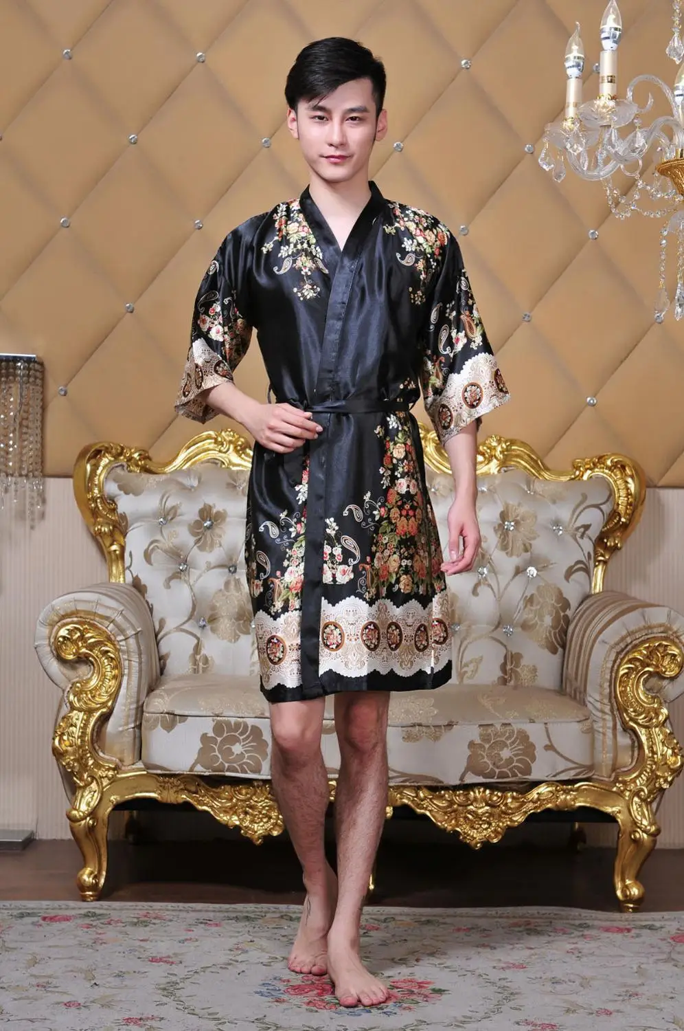 Халат кимоно мужской в китайском стиле Ночнушка с цветочным принтом одежда для
