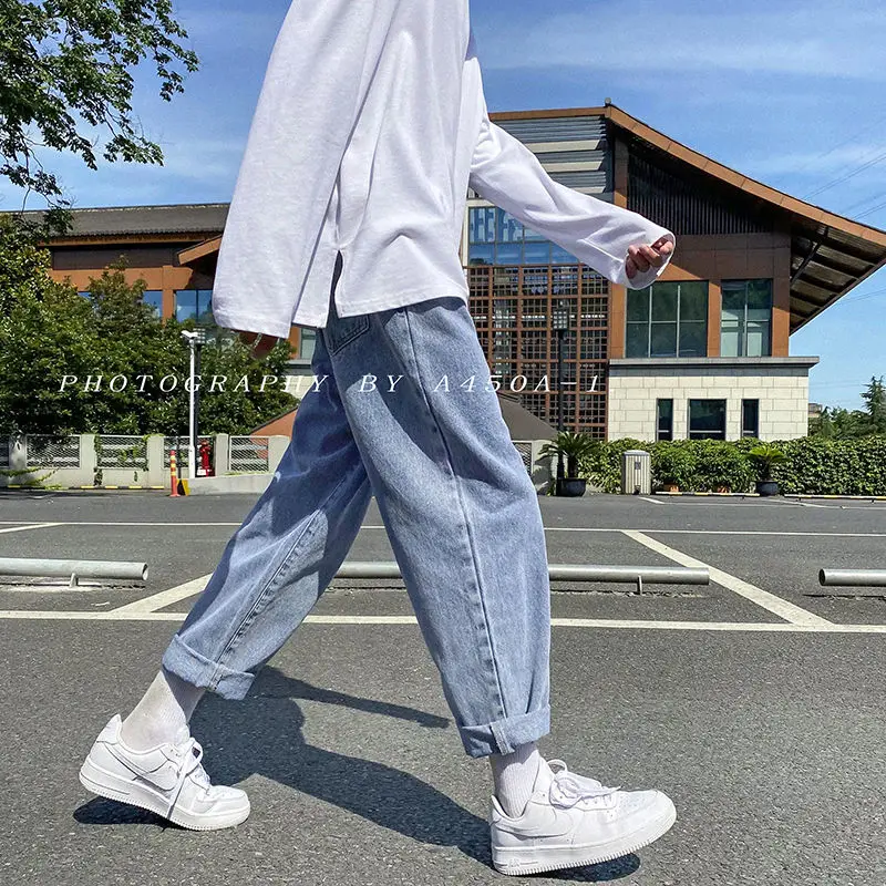 Spring Summer Straight Jeans Men's Fashion Casual Jeans Men Streetwear Korean Loose Hip-hop Drawstring Denim Pants Mens Trousers