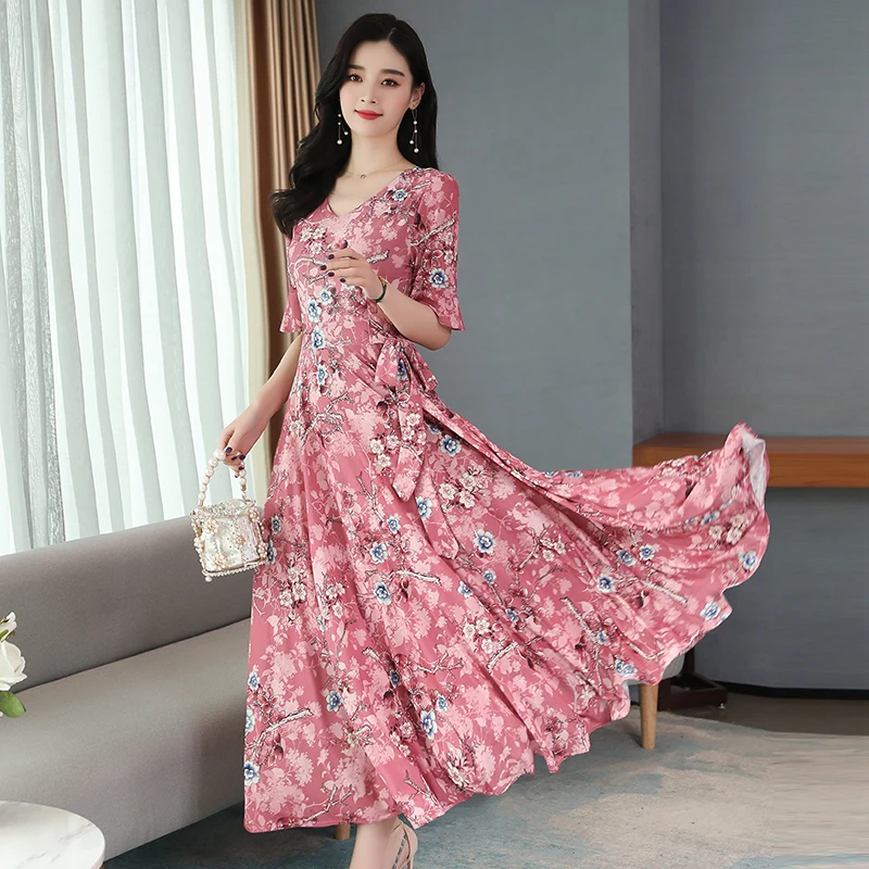 Цветочное платье 2020 Новое модное тонкое шифоновое длинное большого размера с