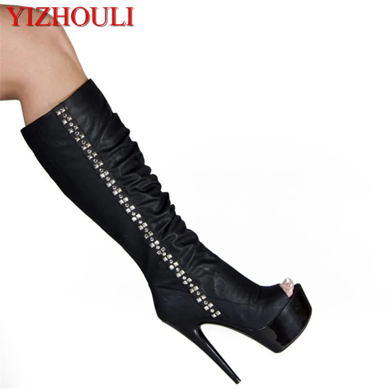 Black female high boots autumn fish mouth high heels, women's sexy height and dancing shoes, 15 cm