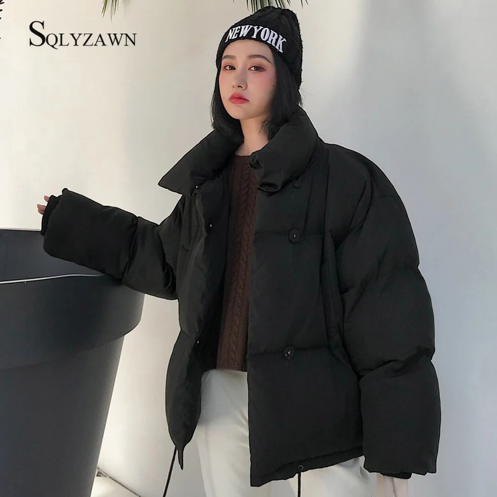 Новинка 2021 зимняя теплая куртка для женщин воротник-стойка однотонный черный