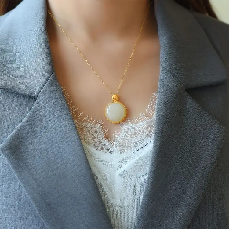 

Natural Hetian white jade Round Pendant Necklace with Chinese classical unique gold craft light luxury women's festival gift