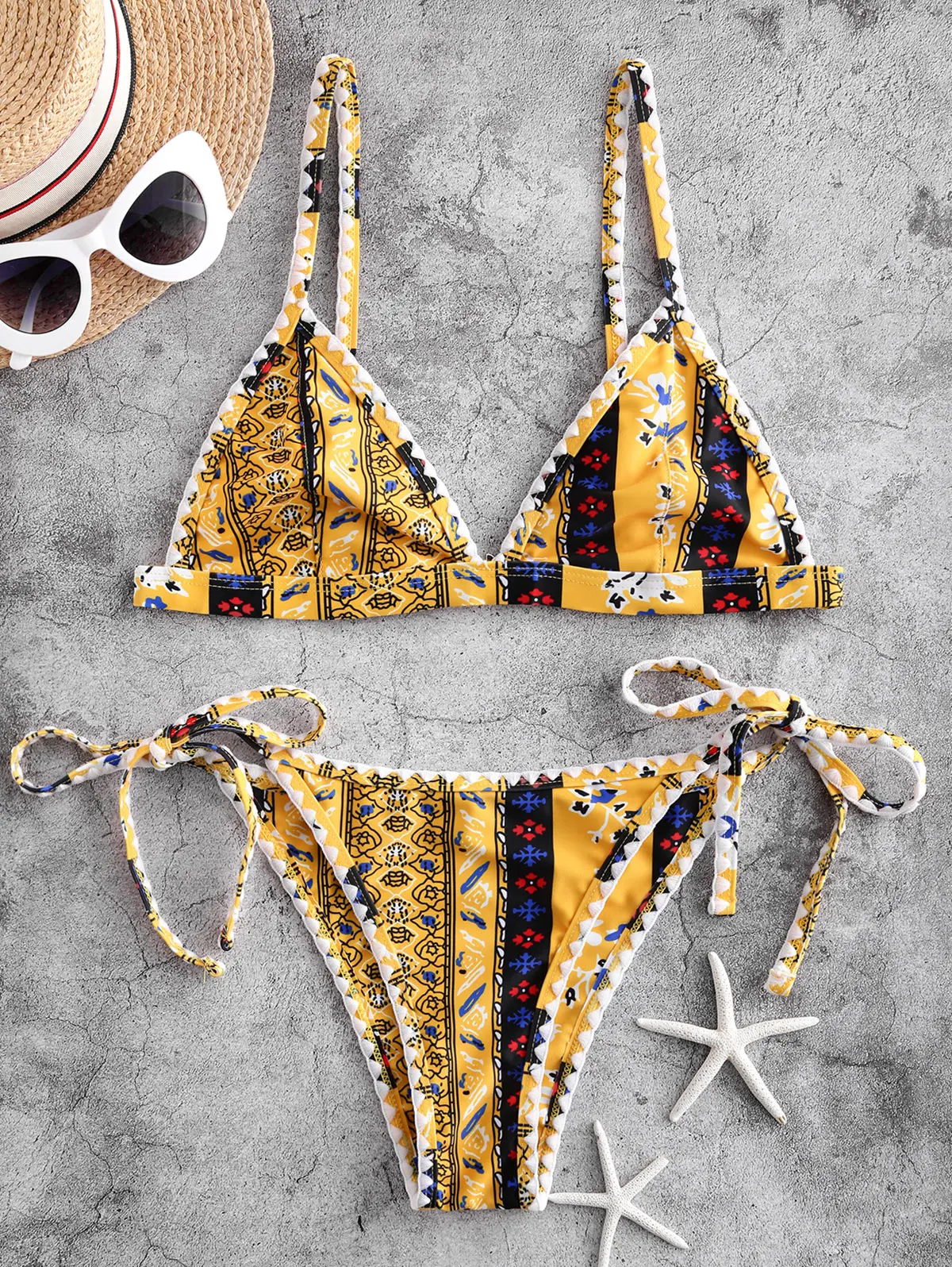 ZAFUL винтажный бохо Цветочный хлыст стежка с завязками по бокам бикини купальник