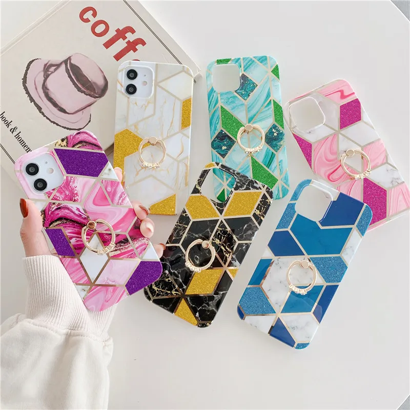 

Finger Ring Glitter Plating Marble Phone Case For iphone 12 Mini 11 Pro X XR XS Max 7 8 Plus SE 2020 Silicone Soft Back Cover