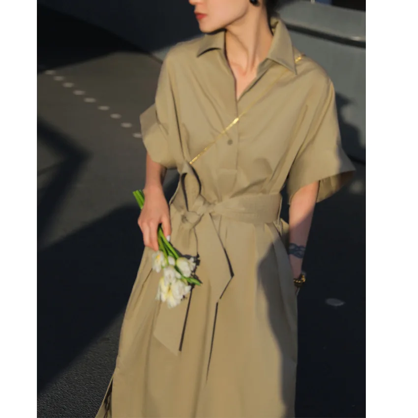 Fashion Bloggers Favorite Off Shoulder Lace Up Short Sleeve Shirt Dress 2022 New Spring And Summer Medium Length Retro Dress