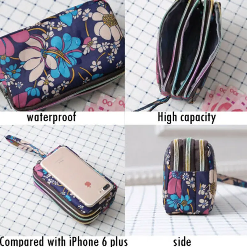 Сумка-кошелек женская холщовая однотонная 3 слоя на молнии с отделением для монет