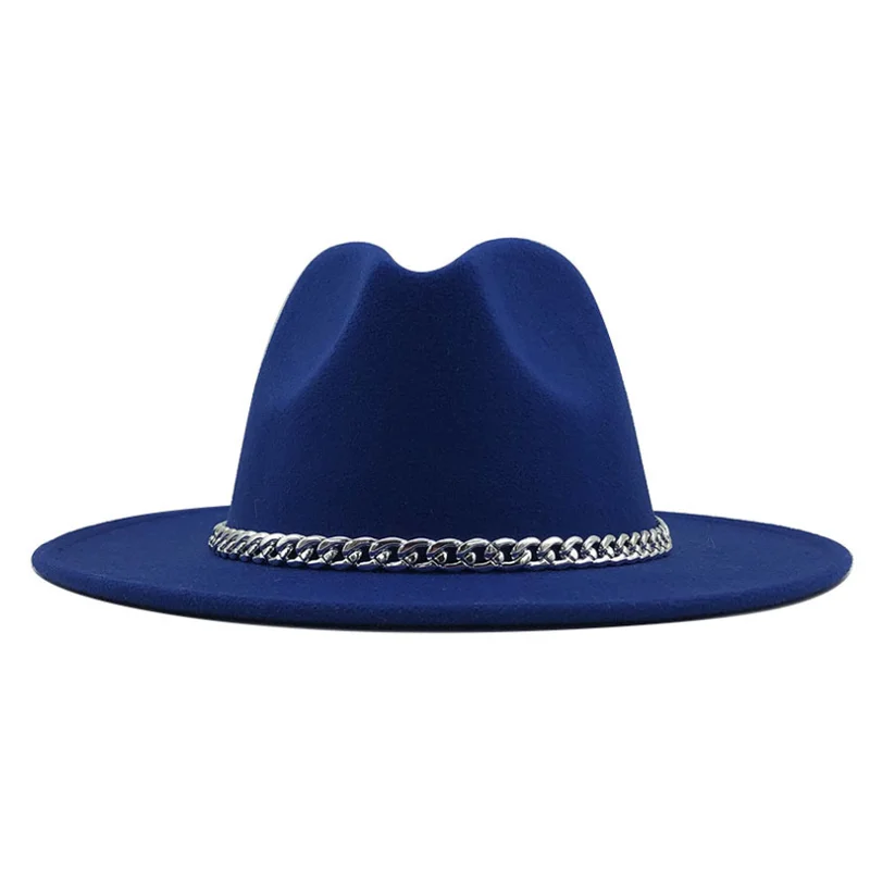 

New Quality Wide Brim Fedora Hat Women Imitation Wool Felt Hats with Metal Chain Decor Panama Fedoras Chapeau Sombrero 2020