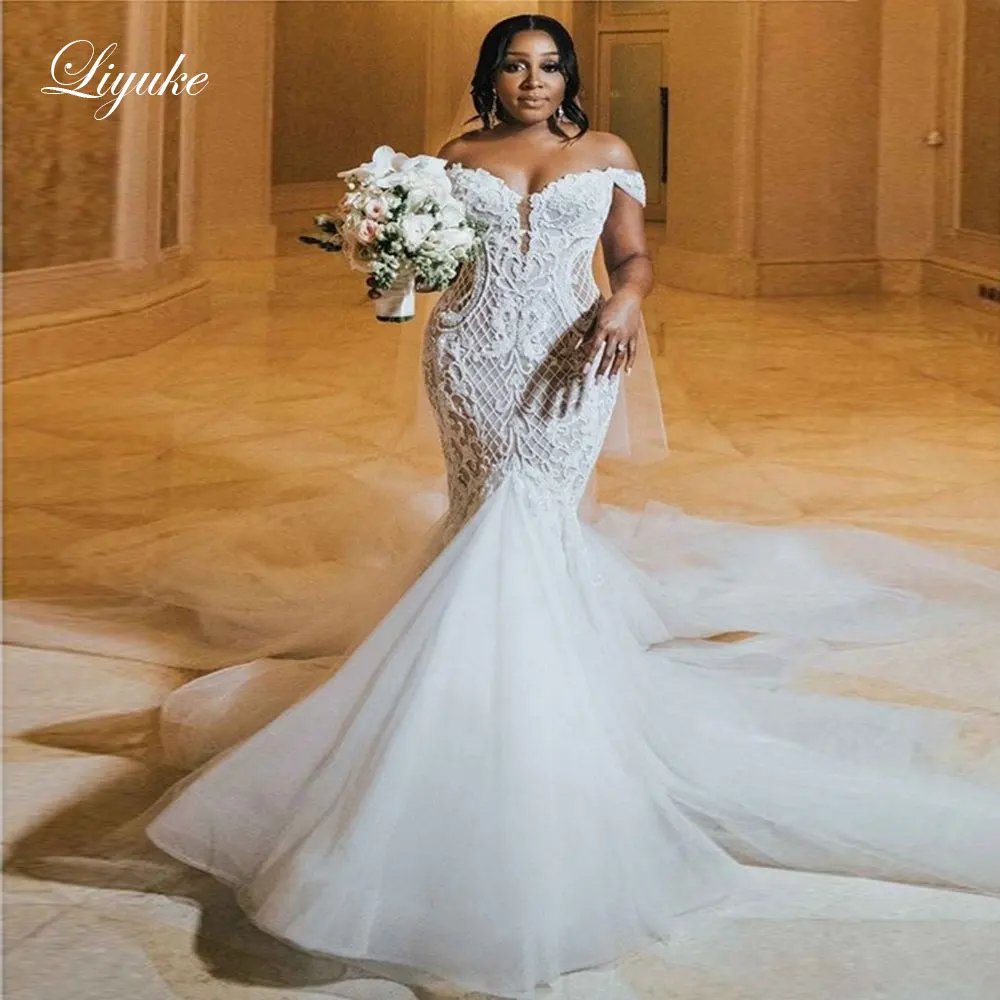 

Liyuke Gorgeous Grid Delicate Mermaid Wedding Dress With Sweetheart Neckline Off The Shoulder vestido de noiva