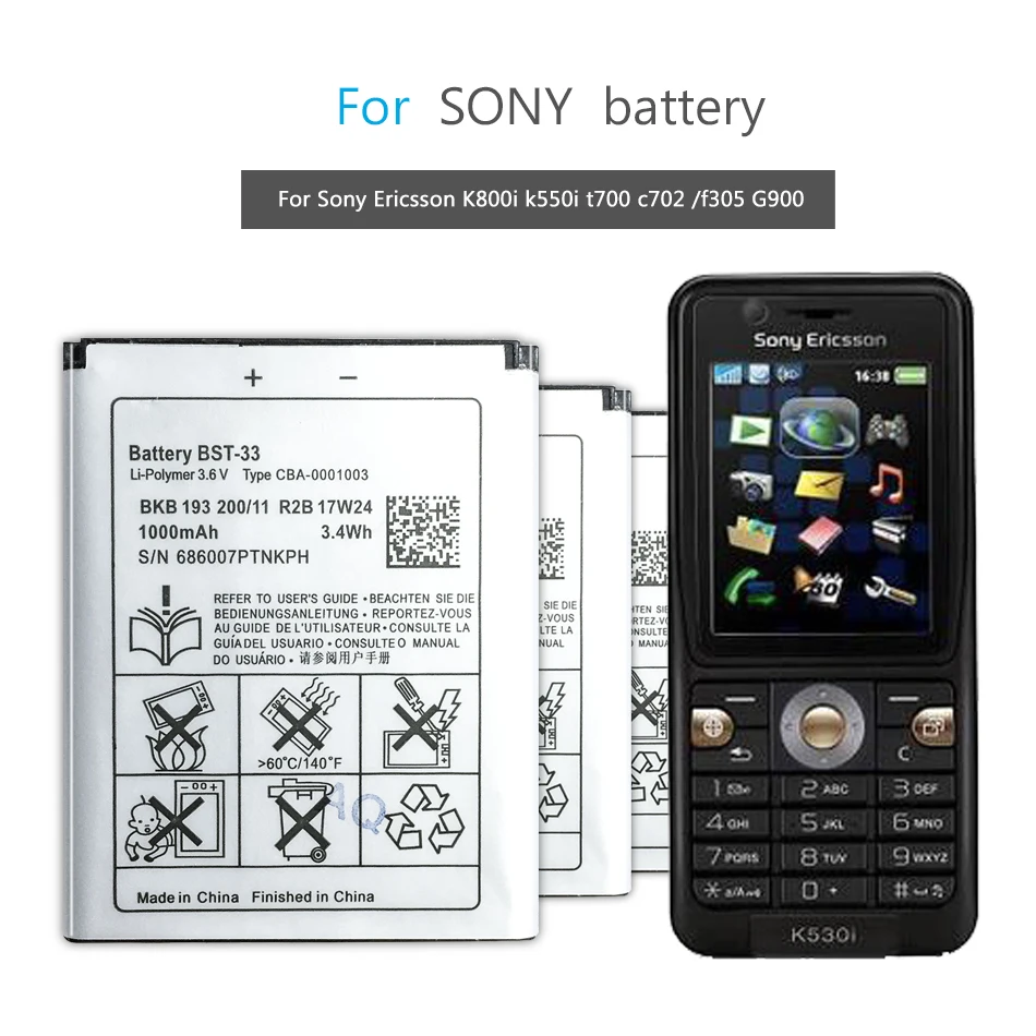 BST-33 de batería para teléfono móvil Sony, accesorio de carga para móvil, compatible con los modelos: K800i, K810i, C702, C903, F305, G900, K550i, K630i, K660i, W100I, T700 y T715