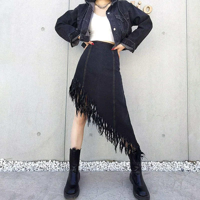 

Женская джинсовая юбка-трапеция с кисточками, на молнии