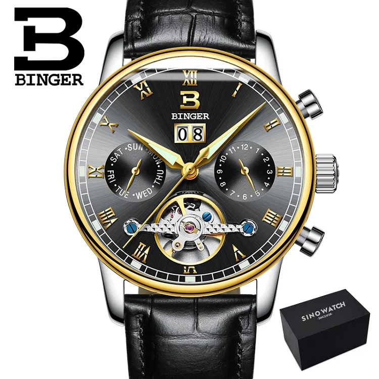 leather black Gblack Двойной турбийон, швейцарские часы Бингер, оригинальные мужские автоматические часы, модные мужские механические наручные часы с кожаным ремешком - Цвет: leather black Gblack