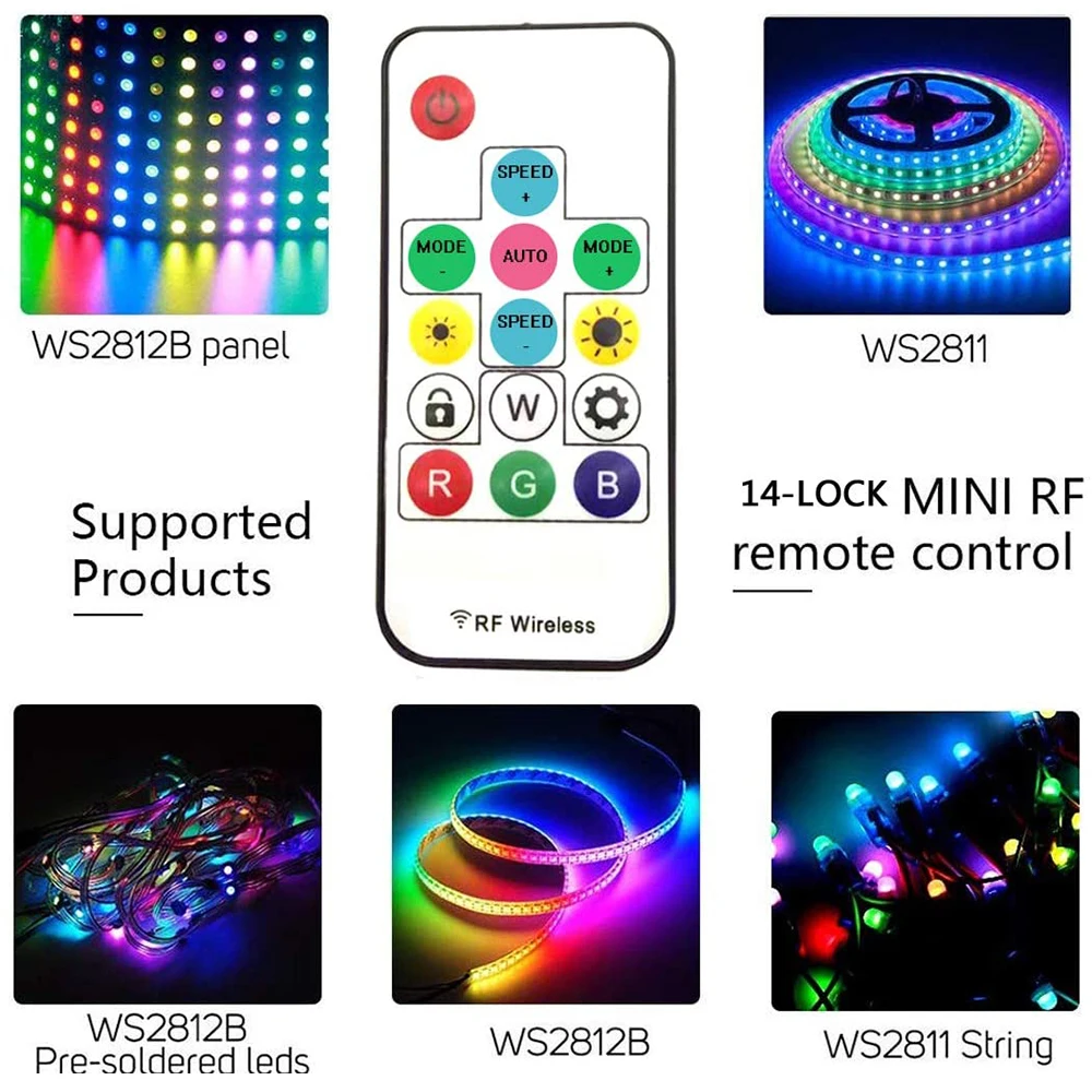 

AMilll USB WS2812 Controller LED Pixel Strip Light Controlling RF 14 Keys For WS2811 WS2812B Tape With Remote Control DC 5-24V