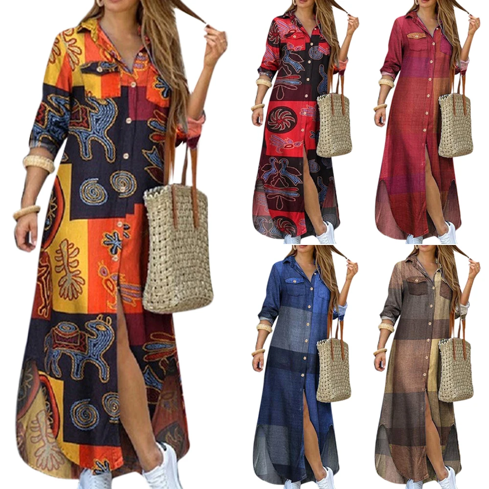 

VICABO Woman Dress Geometric Printed Shirt Dress Button V Neck Long Sleeve female Maxi Sundress Dresses Women#w