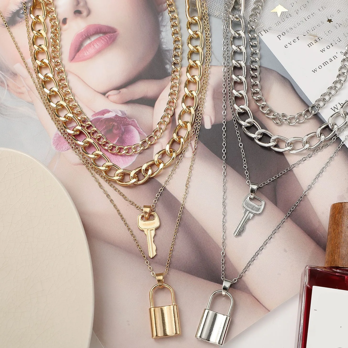 

Punk Multi-layer Cuban Necklaces For Women Hip Hop Chunky Lock & Key Pendant Layered Cuban Chain Necklace Fashion Jewelry Gifts