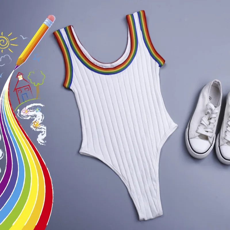 

GEWINZEE Summer Beach Women Bodysuits White Sleeveless Bodycon Tanks Sexy Rainbow U Neck Bodysuit Women Body