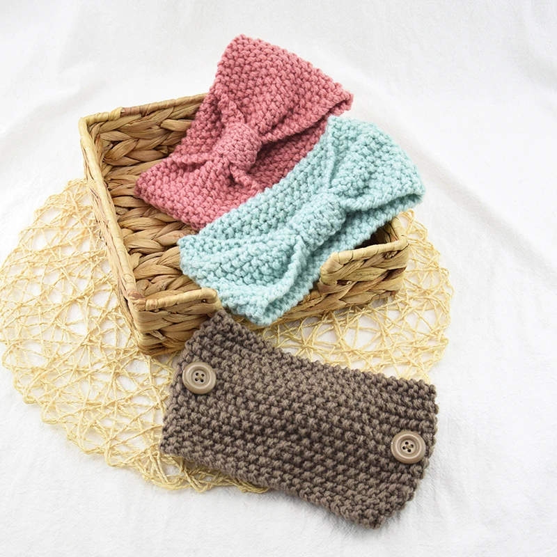 

Solid Color Bow Crochet Head Wrap Women Headband With Button Handmade Hair Accessories Knitted Wool Headbands Elastic Hair Band