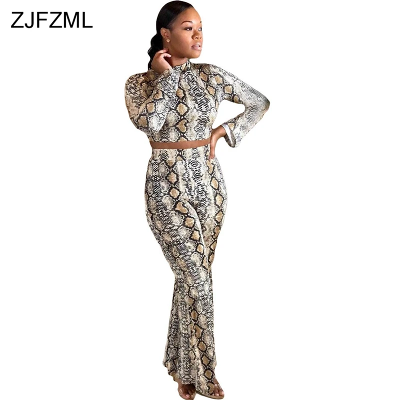 Snake Print ZJFZML змеиный принт сексуальный 2 шт наряды для женщин с длинным рукавом с высоким воротником укороченный топ и широкие брюки для ног осеннего размера плюс спортивный костюм - Цвет: Snake Print