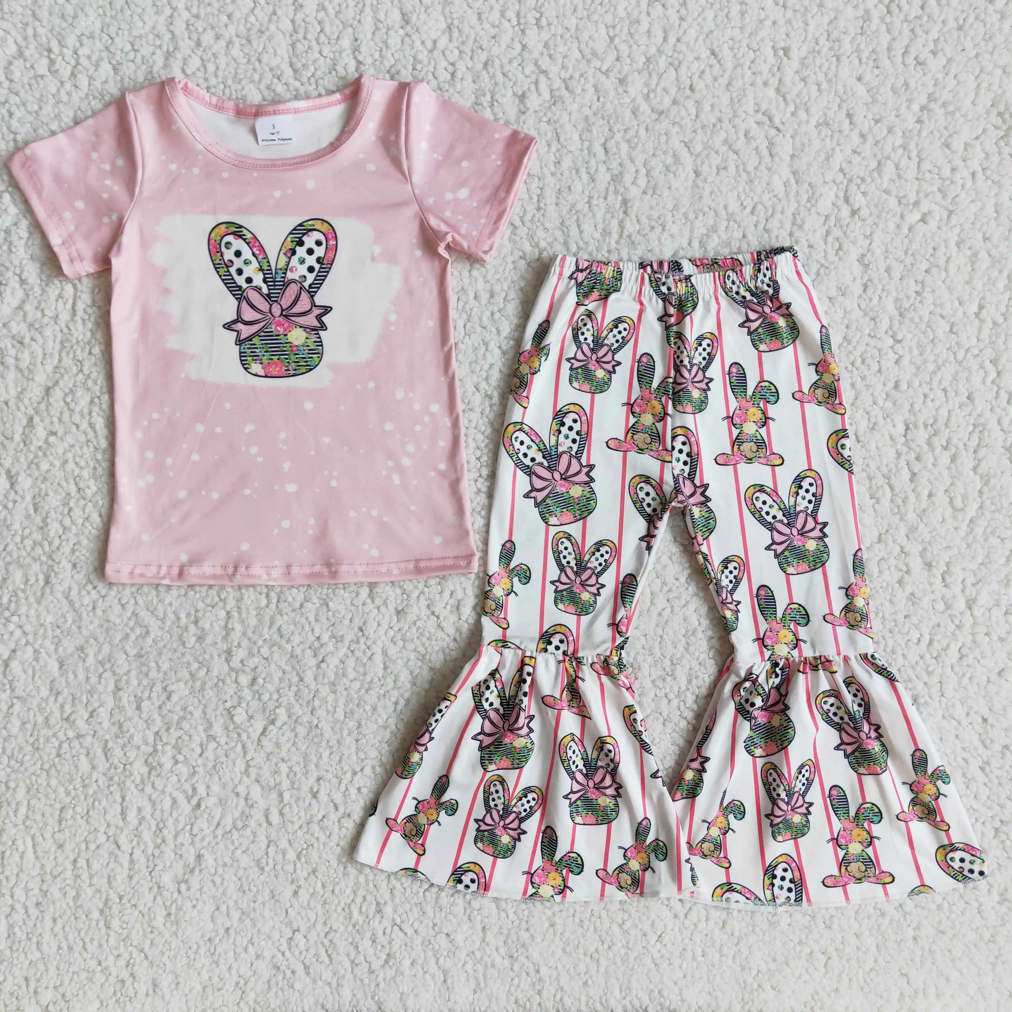 

Cute bow Rabbit Easter outfit for kids baby girl bell bottom spring and summer short sleeve clothes
