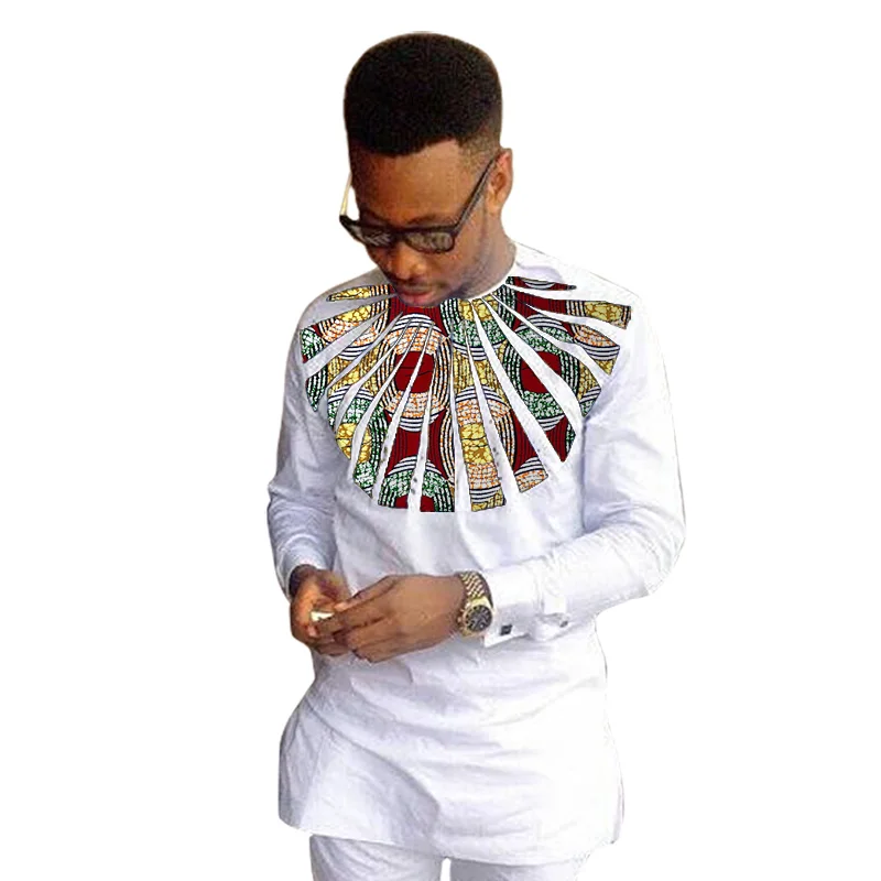 African clothing men's shirt O-neck Ankara white with print tops patchwork customized wear male dashiki for wedding | Мужская одежда