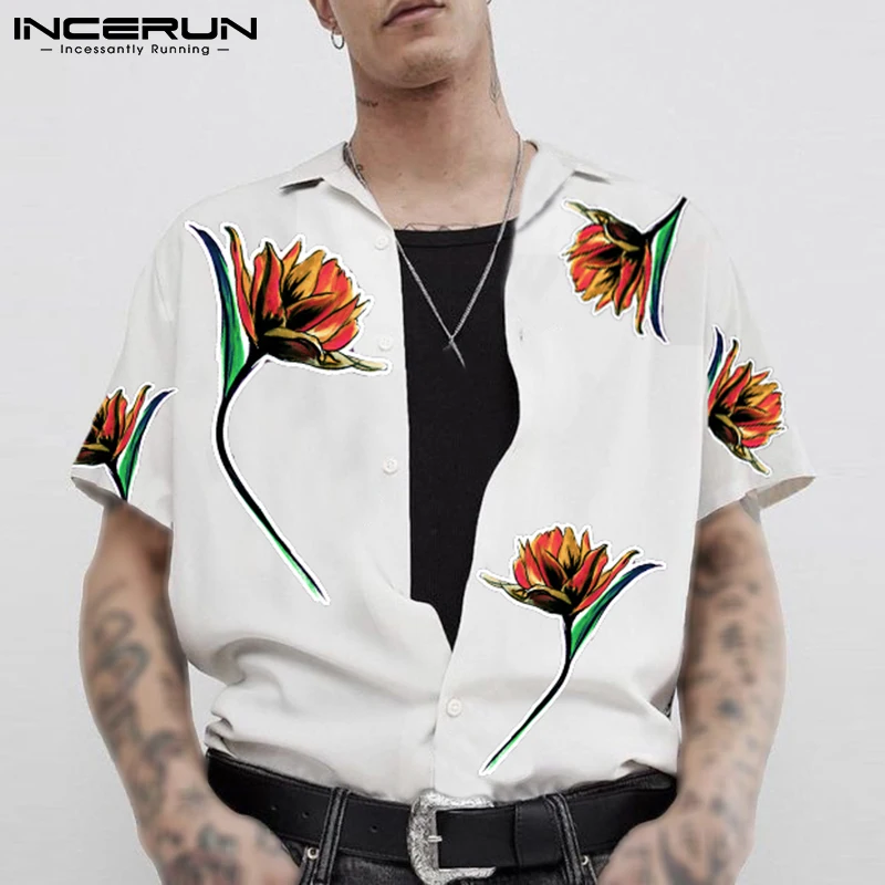 

INCERUN Summer Men Shirt Flower Printed Lapel Short Sleeve Beach Hawaiian Shirts 2021 Streetwear Breathable Button Casual Camisa