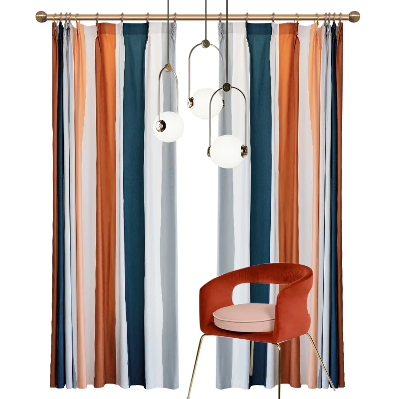 

Creative Semi Blackout Curtains for Living Room Bedroom Thicken Chenille Curtain Geometric Stripe Printed Blinds Nordic Drapes