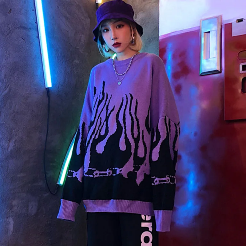 Oversize Knitted Batwing Sleeve Women's Sweater Winter Flame Print Sweaters Female Japanese Long Casual Loose Pullovers Women | Женская