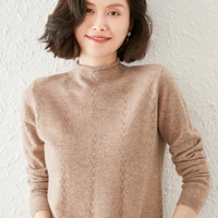 autumn and winter new style 100 wool womens sweater half turtleneck sweater curled hollow iong sleeved pullover top ioose