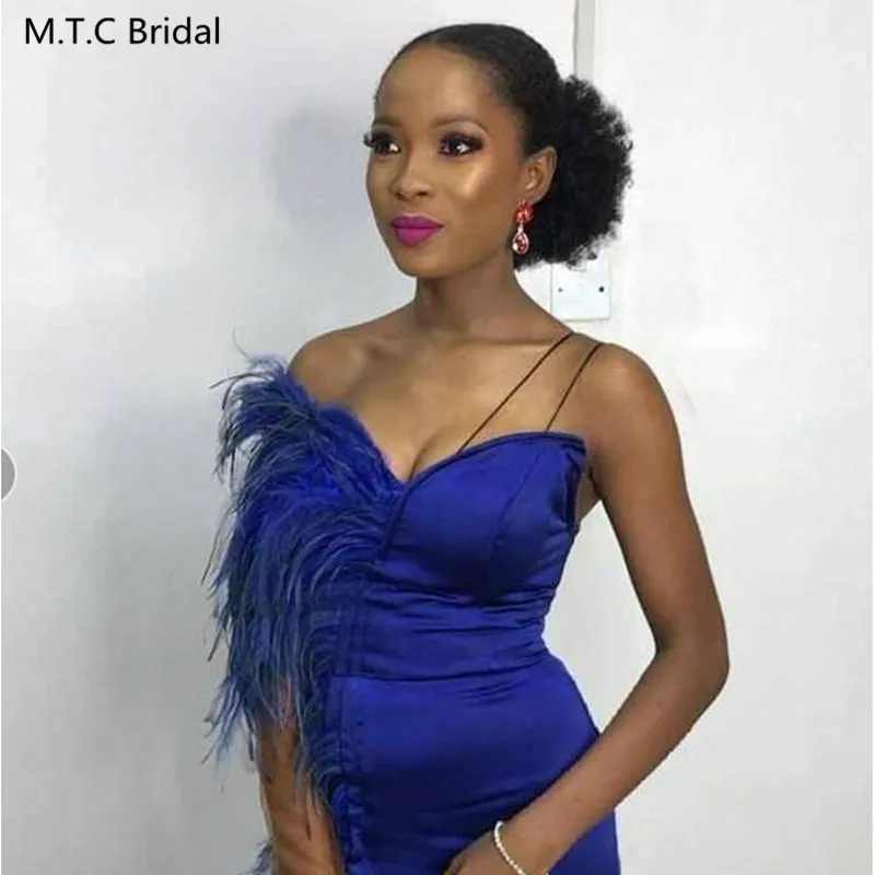 

Royal Blue Long Mermaid Dresses Prom With Feathers Sweetheart Front Slit Sexy Black Girls Graduation Dress Plus Size Party Gown