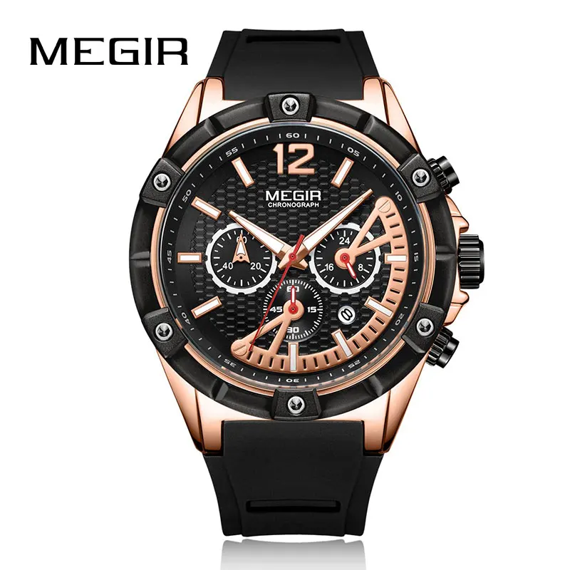 Black Gold MEGIR Новые спортивные мужские часы с хронографом, Силиконовые кварцевые часы для мужчин, студенческие армейские военные наручные часы, мужские часы - Цвет: Black Gold