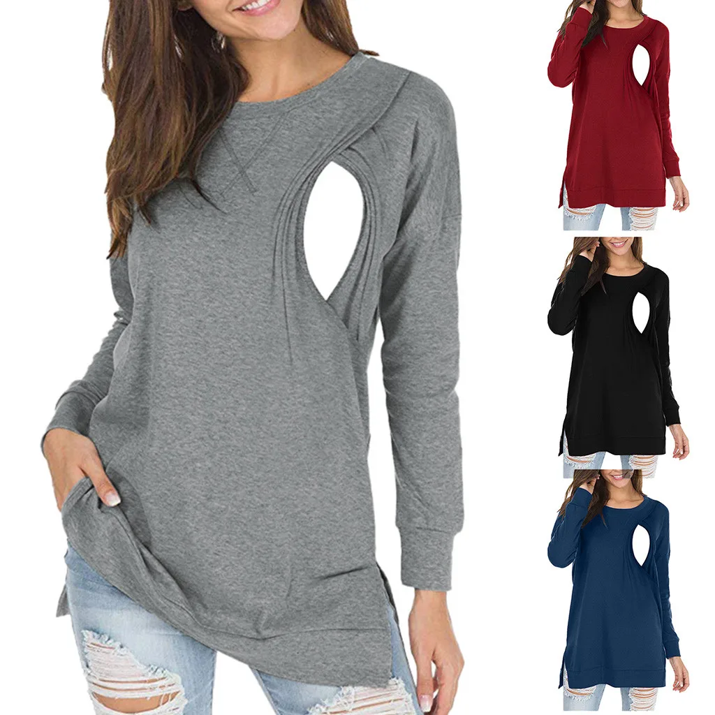 

Nursing Top Women Maternity Solid Color Long Sleeve Tops Blouse Female Cotton Breastfeed Maternity Clothes Fashion Pregnant#fs